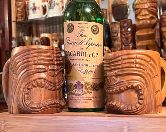 Vintage Hand Carved Wooden Tiki Mugs Set of 2