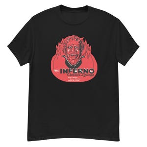 May include: Black t-shirt with a red illustration of a devil's head with flames and the text "The Inferno Cocktail Lounge" with the address and phone number.