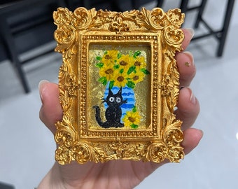 Handmade mini oil painting with golden fame. 3.5"x 3". Cat and flowers