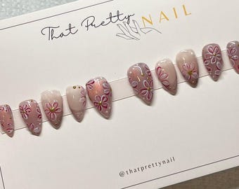 Hand-Painted Floral Cat Eye Press-On Nails: Extra Short Stiletto | Magnetic Shimmer Gel with Hand-Painted Flowers | Custom Presson Nails