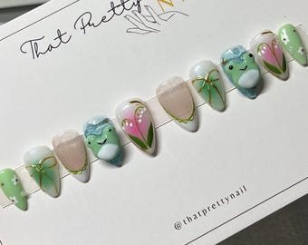 3D Frog Press On Nails: Frog & Lily of The Valley | Hand-Painted Cottagecore Garden Nail Set | Kawaii Y2K Green Nails | Custom Short Nails