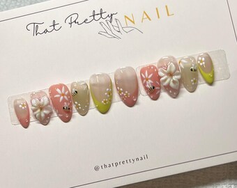 Bumble Bee Daisy Press-On Nails Nude Pink & Yellow-Green French Tips with 3D Charms Summer Nails Cottage Core Press-on Nails Short