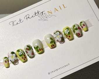 3D Strawberry Press-On Nails: Strawberry Sweetheart | Cottagecore Garden Nail Set | Kawaii Y2K Yellow Nails | Custom Short Press Nail Set