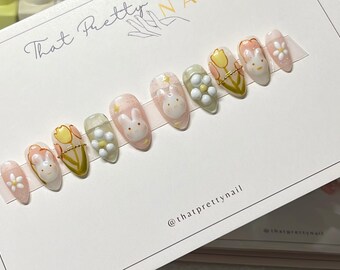 3D Bunny Press-On Nails: Cute Bunny Garden | Hand-Painted Nails | Soft Pink Kawaii Nails | Short Custom Nail Set | Cottage Core Nails