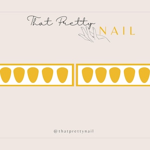 以下が含まれることがあります： 薄いベージュ色の背景に、筆記体フォントで「That Pretty Nail」の文字。 黄色のネイルの形をした2つの長方形のボックスが表示されています。 「NAIL」の文字は黄色です。 Instagramのハンドルネーム「@thatprettynail」が下にあります。
