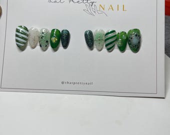 Green Christmas Press-On Nails | Emerald Glitter Candy Cane Stripes | Snowflake Rhinestone Winter Nail Set | Holiday Press-On Nails
