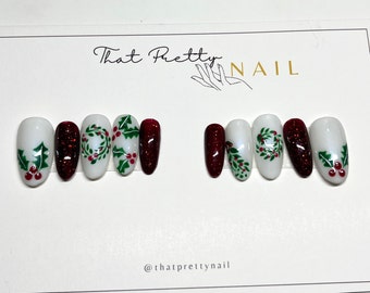Holiday Wreath Holly Press-On Nails | Red Glitter Green Leaf Christmas Nail Set | Festive Press-On Nails | Winter Handmade Nails