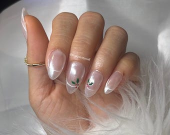 Pearl French Christmas Press-On Nails | White Chrome Tips with Holly Berries | Winter Holiday Press-On Nail Set | Handmade Chrome Nails