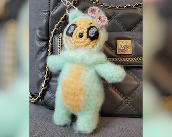 Handmade Crochet Mint Monster Keychain – Hypoallergenic Bag Charm with Pink Bow