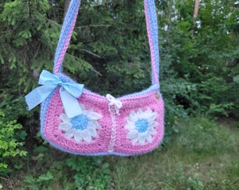 Fairycore Crochet Granny Square Bag, Pastel Pink and Blue Purse with Bow