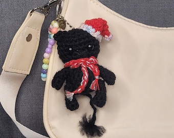 Festive Crochet Kitty Keyring Keychain Bag Charm Black Cat accessory