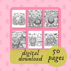 50 pages easter whimsy/printable adult coloring pages/download grayscale illustrations.