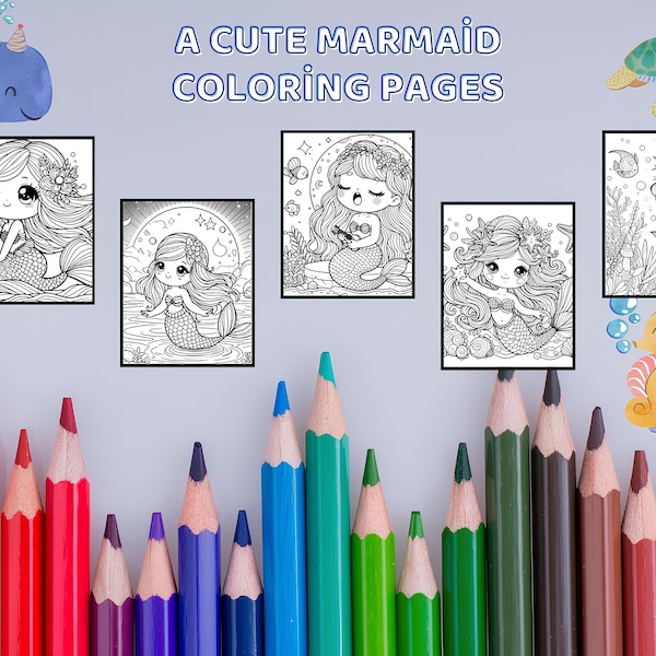 A cute Magical Mermaid Coloring Book 50 pages | Printable Download | Relaxing Coloring Activity | Cute Animal Art | Kids Coloring Pages