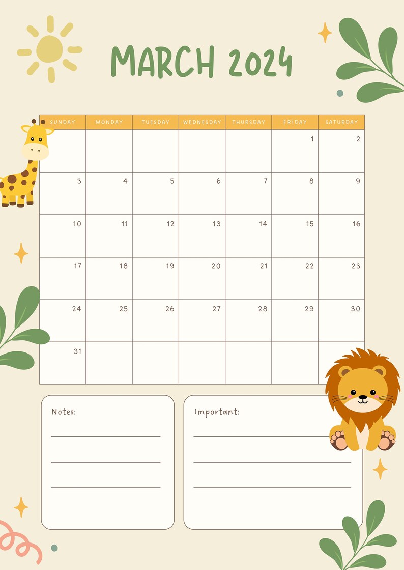 Kalender 2024 druckbar, Kinder Monatsplaner, Kinderkalender 2024