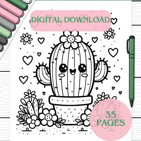 Cactus Coloring Pages - A Cute Coloring Book with 35 Adorable Cactus & Succulents Coloring Pages - A Great Gift for Kids, Boys and Girls