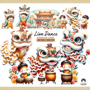 Lion Dance-traditionele aquarel clipartset