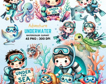 Underwater Adventure Clipart – Watercolor Sea Creatures, Scuba Kids (PNG)