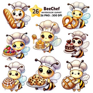 Op de afbeelding: Een set van 26 aquarel-clipart afbeeldingen met schattige cartoon-bijen die als koks zijn verkleed. Elke bij houdt een ander voedsel vast, zoals een pretzel, een taart, een croissant en een brood. De afbeeldingen zijn perfect voor gebruik in digitaal scrapbooken, kaart maken en andere knutselprojecten.