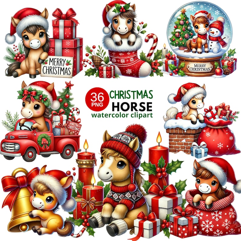 Christmas Horse Watercolor Clipart Set | 36 PNG Festive Pony ...
