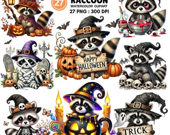 Conjunto de imágenes prediseñadas de mapache de Halloween: 27 PNG de acuarela con sombreros de bruja, calabazas, pociones, calaveras, dulces y diseños de mapaches espeluznantes.