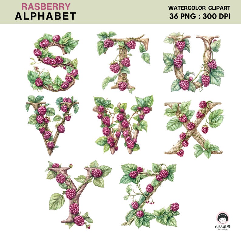 Raspberry Alphabet Clipart Set Watercolor Letters and Numbers PNG ...