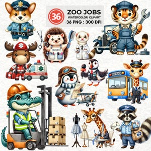 May include: A set of 36 watercolor illustrations of animals with different jobs. The animals include a police officer corgi, a hairstylist hedgehog, a doctor moose, a paramedic penguin, a forklift operator alligator, a mechanic tiger, a bus driver giraffe, a mail carrier raccoon, a pilot penguin, a fashion designer giraffe, and a reporter puffin. The illustrations are perfect for creating fun and whimsical designs for children's books, greeting cards, and other creative projects.