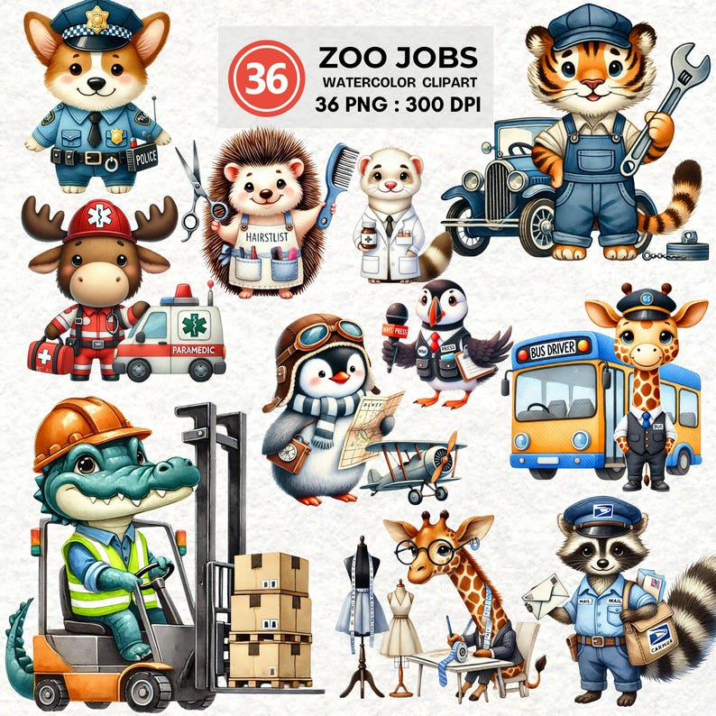 Professions Animals Zoo Jobs Clipart Set | 36 Watercolor Pngs of Cute Animals in ...