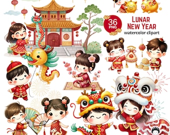 Adorable Lunar New Year Clipart Set, Cute Asian Festival Characters, Dragon Dance Illustrations, Kids in Traditional Outfits
