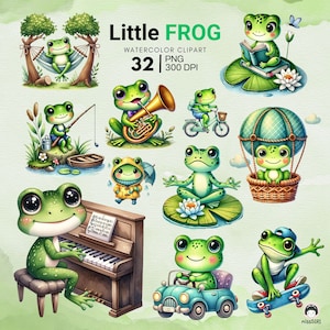 Adorable Watercolor Frog Activities Clipart Set