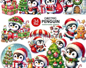 Christmas Penguin Watercolor Clipart | 34 Cute Holiday PNGs with Santa Hats, Gifts, Trees, Snow Globes, Trains and Candy Canes