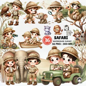 May include: Watercolor clipart set featuring safari-themed illustrations. Includes cartoon characters in safari outfits with animals like elephants, zebras, and lions. The text "SAFARI WATERCOLOR CLIPART" is also visible.
