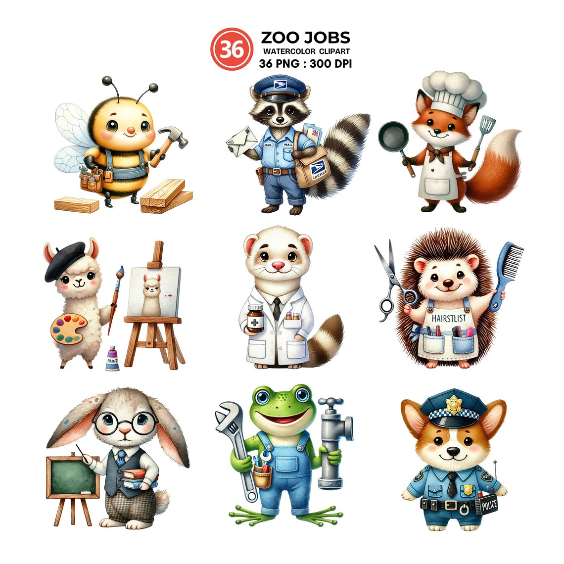 Professions Animals Zoo Jobs Clipart Set | 36 Watercolor Pngs of Cute Animals in ...