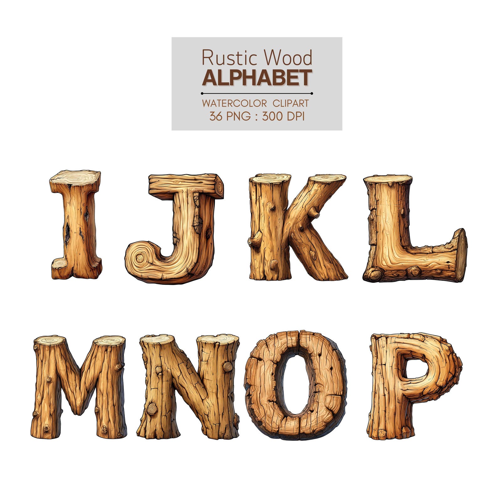 Rustic Wood Alphabet Clipart Set – Watercolor Letters & Numbers – 36 ...