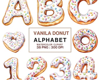 Vanilla Donut Alphabet Clipart Set | 38 Sweet Watercolor Letters and Numbers PNG with Sprinkles for Cute Digital Designs