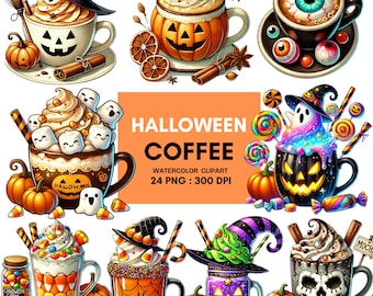 May include: Watercolor clipart featuring various Halloween-themed coffee designs. The image includes coffee cups decorated with jack-o'-lantern faces, witch hats, and spooky elements like eyeballs and ghosts. The text "Halloween Coffee" is also present.