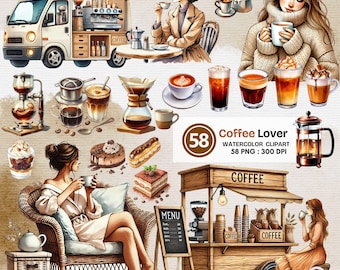Coffee Lover Watercolor Clipart – Cozy Cafe PNG Illustrations (58 Files)
