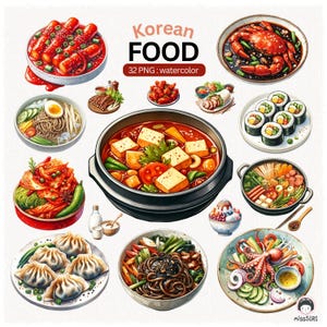 Korean Food Watercolor Clipart Set, 32 PNG Korean Cuisine Illustrations, Traditional Korean Food Elements, Instant Digital Download
