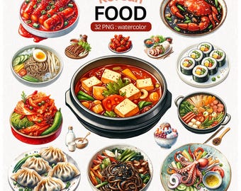 Korean Food Watercolor Clipart Set, 32 PNG Korean Cuisine Illustrations, Traditional Korean Food Elements, Instant Digital Download