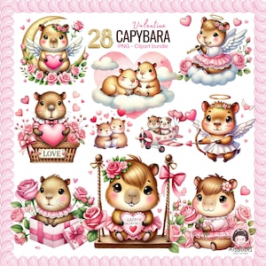 バレンタイン カピバラ クリップアート バンドル、かわいいカピバラ PNG ファイル 28 個、愛らしい愛をテーマにしたアート、カードやクラフト用のデジタル イラスト