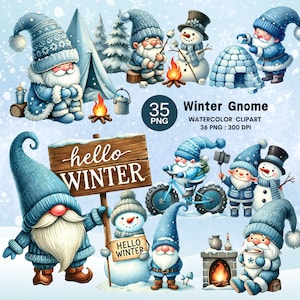 Winter Gnome Clipart Bundle, Watercolor Gnome Christmas PNG, Cute Gnomes with Snowman and Fire, Winter Camp Gnome Illustrations