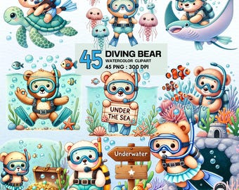 Diving Bear Clipart Bundle – 45 Underwater Adventure Watercolor PNGs with Scuba Bears, Ocean Animals & Coral Scenes