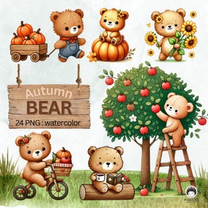 Könnte beinhalten: Ein Set mit 24 Aquarell-Illustrationen mit niedlichen Bären in herbstlichen Umgebungen. Die Illustrationen zeigen Bären mit Kürbissen, Äpfeln, einem Fahrrad, einer Leiter und einem Buch. Der Text "Autumn Bear 24 PNG: watercolor" ist auf einem Holzschild zu sehen.