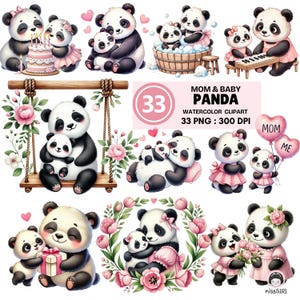Clipart maman et bébé panda | 33 images PNG à l&#39;aquarelle avec un joli panda, des fleurs, des ballons, des cadeaux et des tenues roses à créer