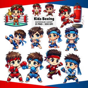 May include: Watercolor clipart featuring cartoon illustrations of young boxers in various poses. The images include boxers with red and blue gloves, headbands, and boxing attire. Some images show a boxing ring and a punching bag. The text "Kids Boxing" is also included.