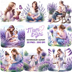 Mother and Daughter Watercolor Clipart Set – 20 PNGs of Mom and Girl Moments in Lavender Fields, Perfect for Mother’s Day Designs