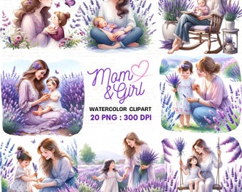 Mother and Daughter Watercolor Clipart Set – 20 PNGs of Mom and Girl Moments in Lavender Fields, Perfect for Mother’s Day Designs