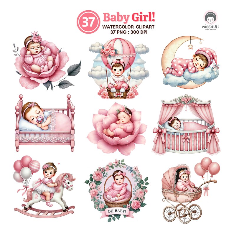 Baby Girl Watercolor Clipart Set - 37 PNG Baby Shower Graphics - Pink ...