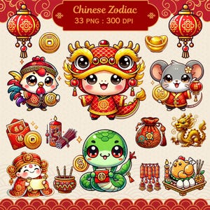 Cute Chinese Zodiac Clipart Bundle - 33 PNG Files, Kawaii Chinese New Year Characters, Digital Stickers, 300 DPI