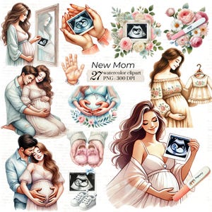 May include: A collection of watercolour clipart illustrations depicting pregnant people, couples, baby shoes, ultrasound scans, and floral designs. The text "New Mom" is present. The images use soft pastel colours, focusing on pregnancy and motherhood.