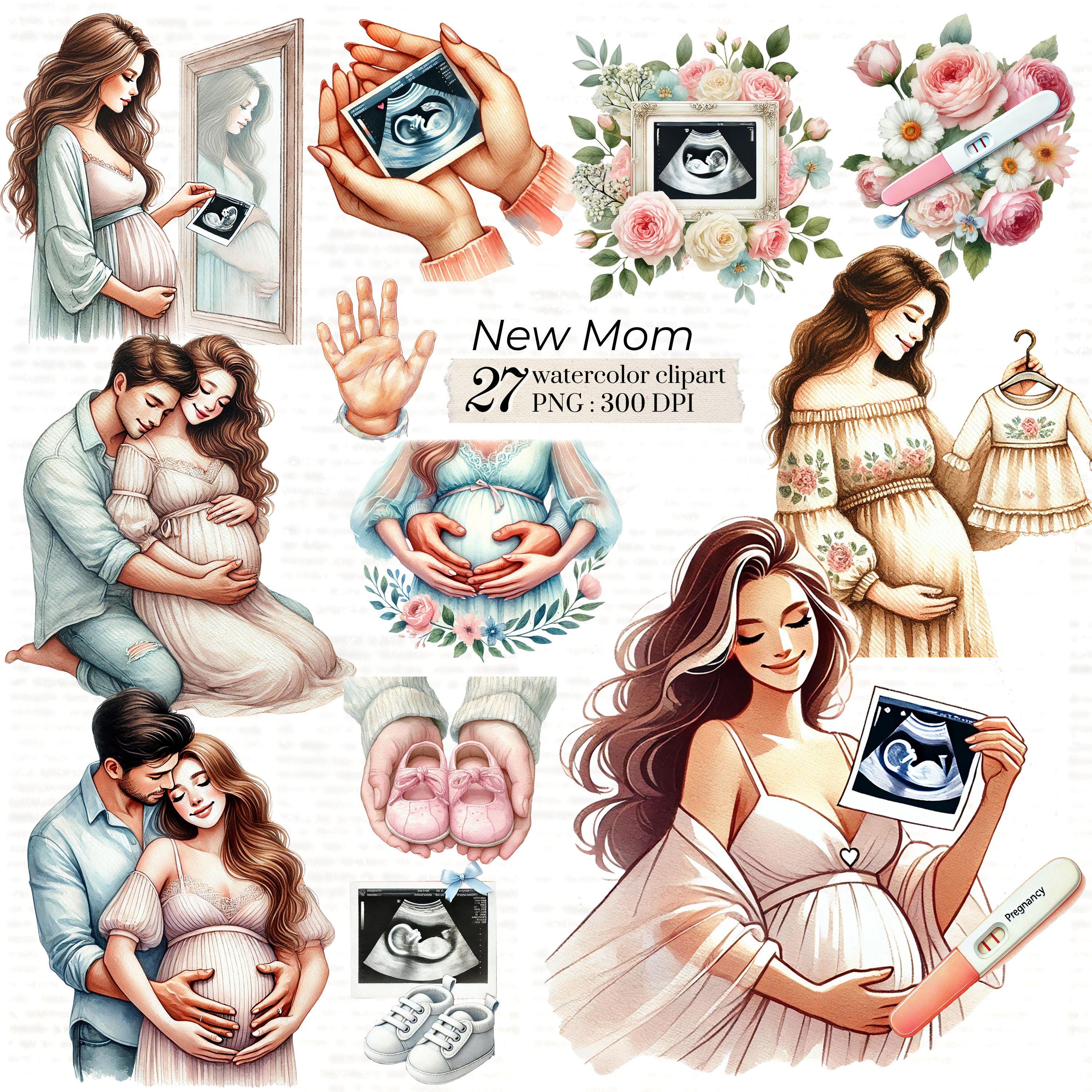 New Mom Pregnancy Clipart Bundle | 27 Watercolor PNGs with Ultrasound, Baby Shoes, Belly Holding, Test & Floral Decor